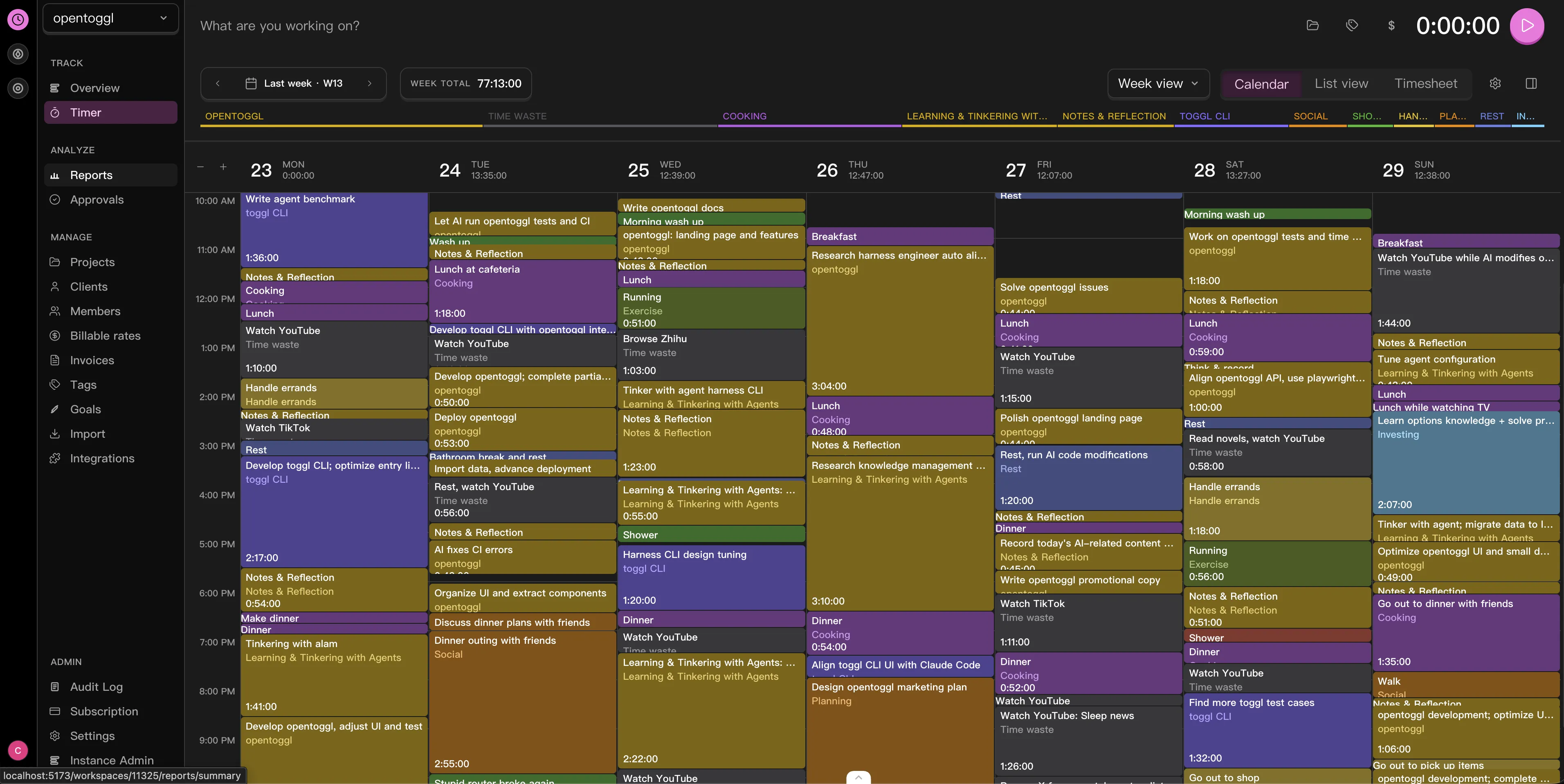 OpenToggl calendar view showing tracked time by day