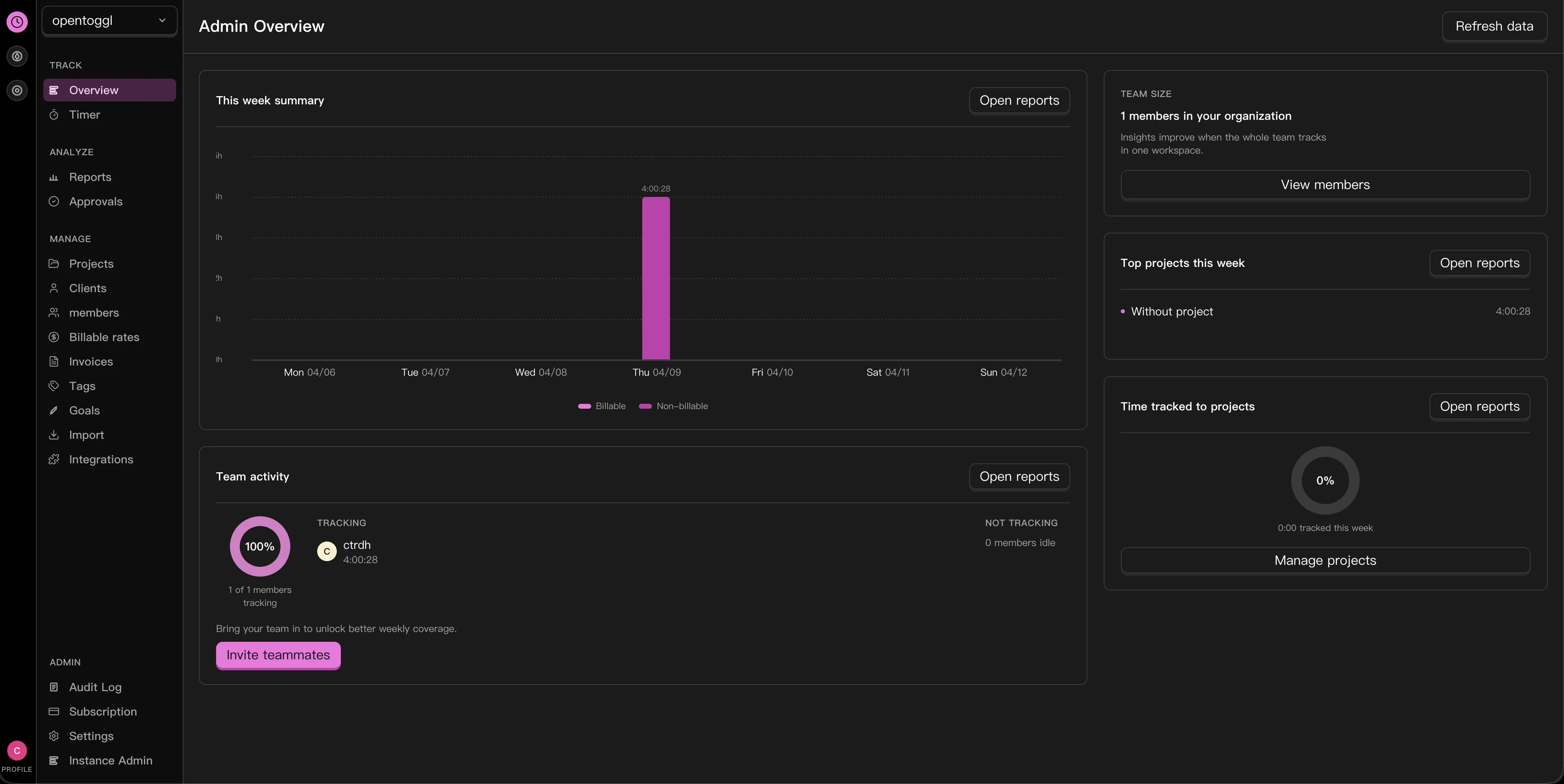 OpenToggl time tracking overview with timer and entries